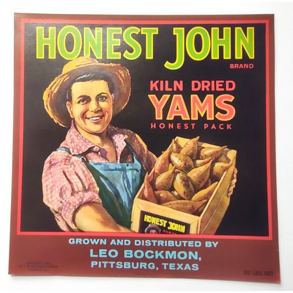 Honest John Kiln Dried Yams Vegetable Label Vintage Original 1940's Pittsburg TX - Picture 2 of 3